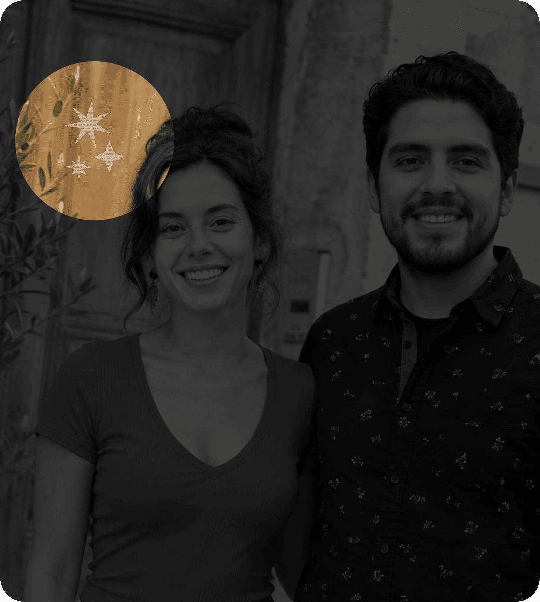 A dimmed photo of a couple with a circular spotlight revealing a cluster of star watermarks over one of their shoulders.