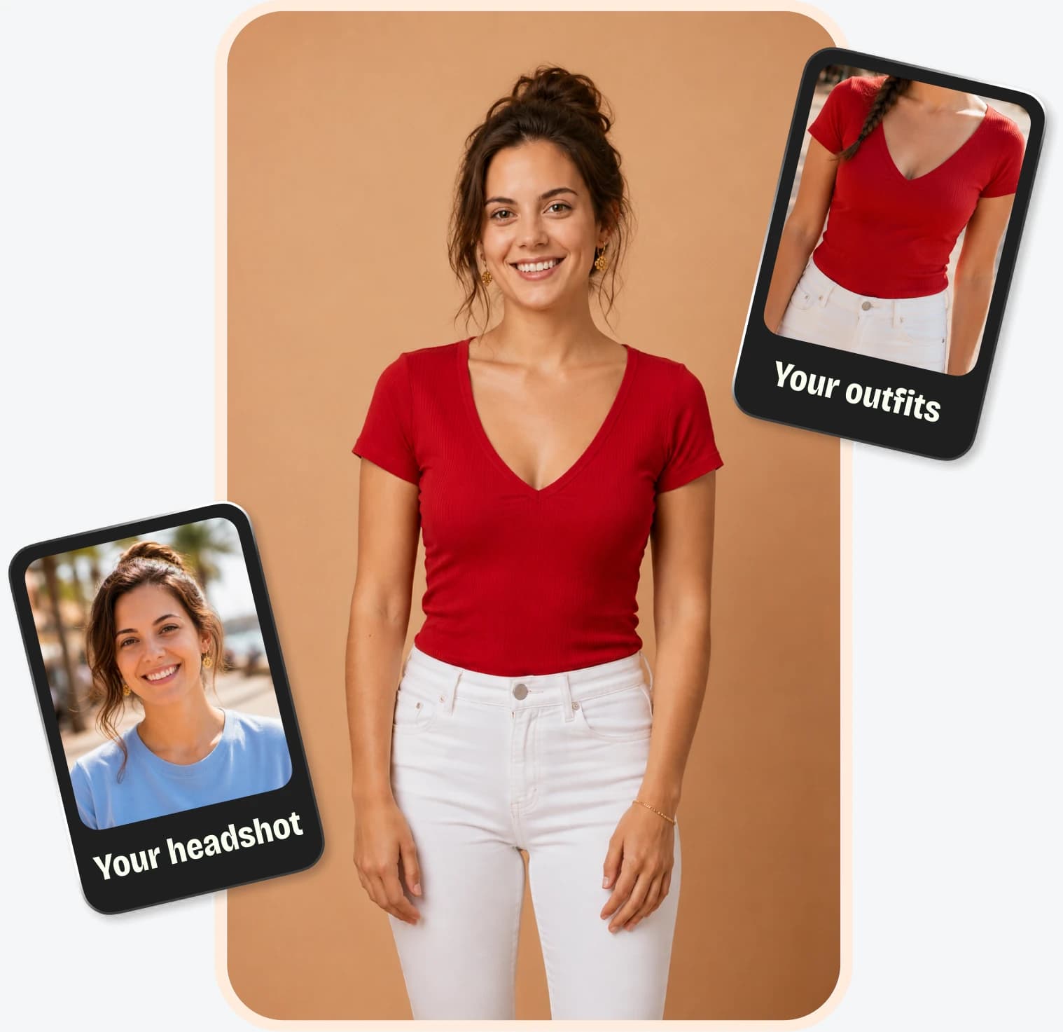 A full-length photo of a woman, with a small card of her headshot on one side and a card of her outfit on the other.