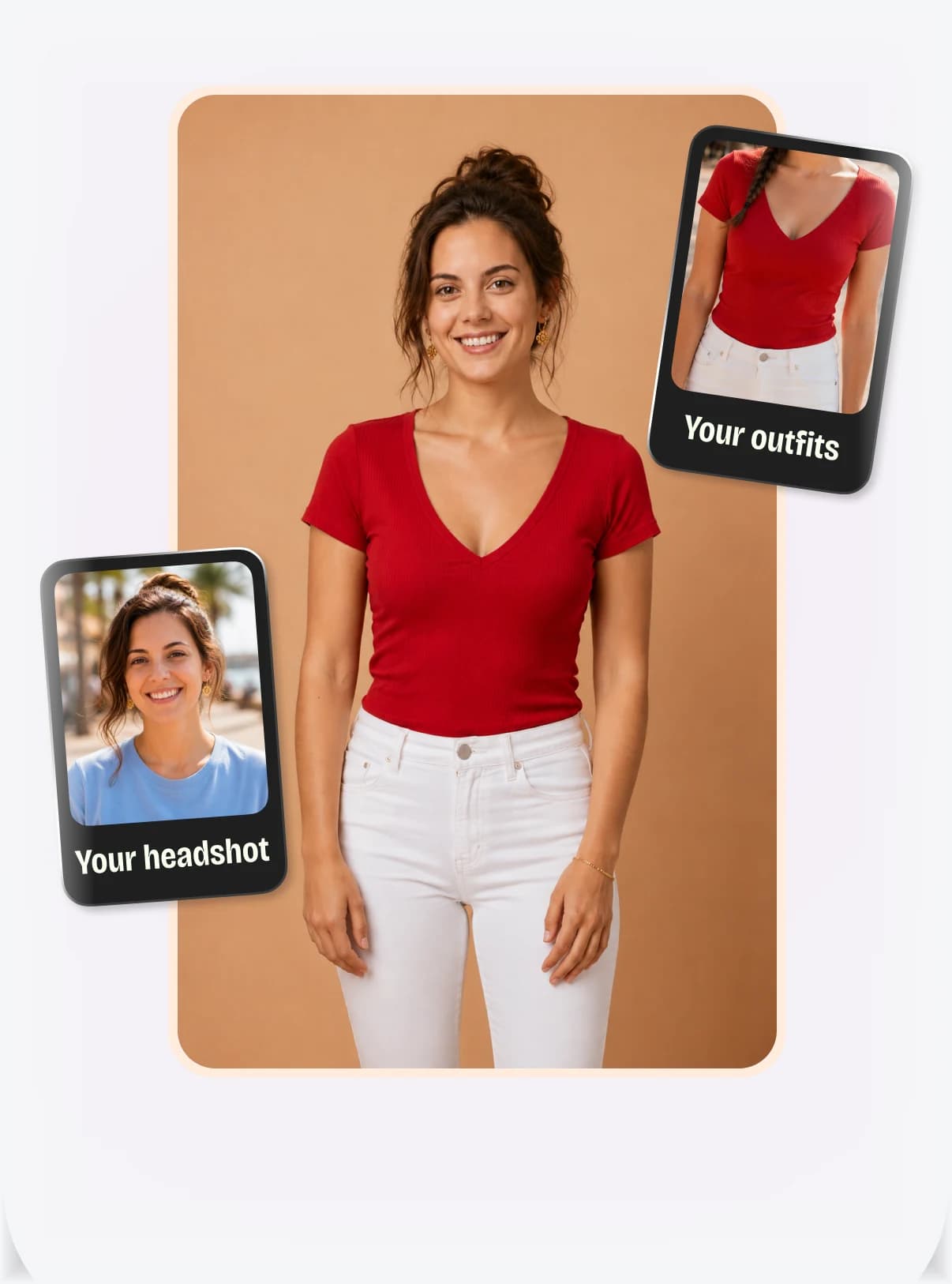 A full-length photo of a woman, with a small card of her headshot on one side and a card of her outfit on the other.