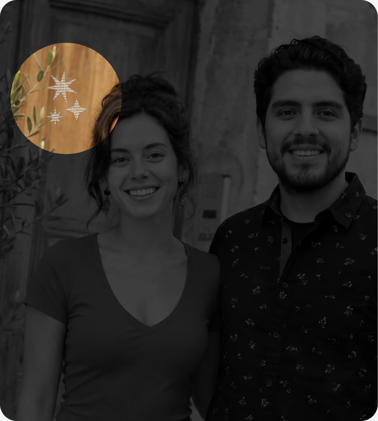 A dimmed photo of a couple with a circular spotlight revealing a cluster of star watermarks over one of their shoulders.