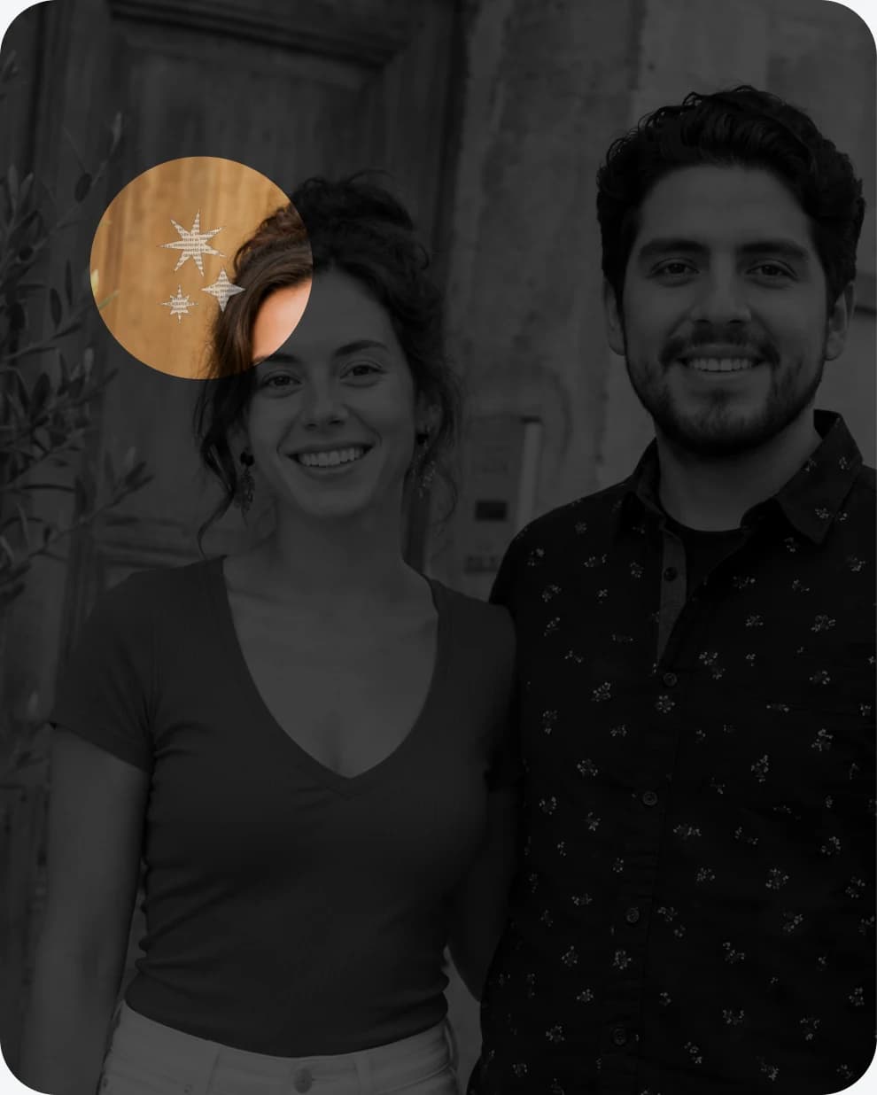 A dimmed photo of a couple with a circular spotlight revealing a cluster of star watermarks over one of their shoulders.