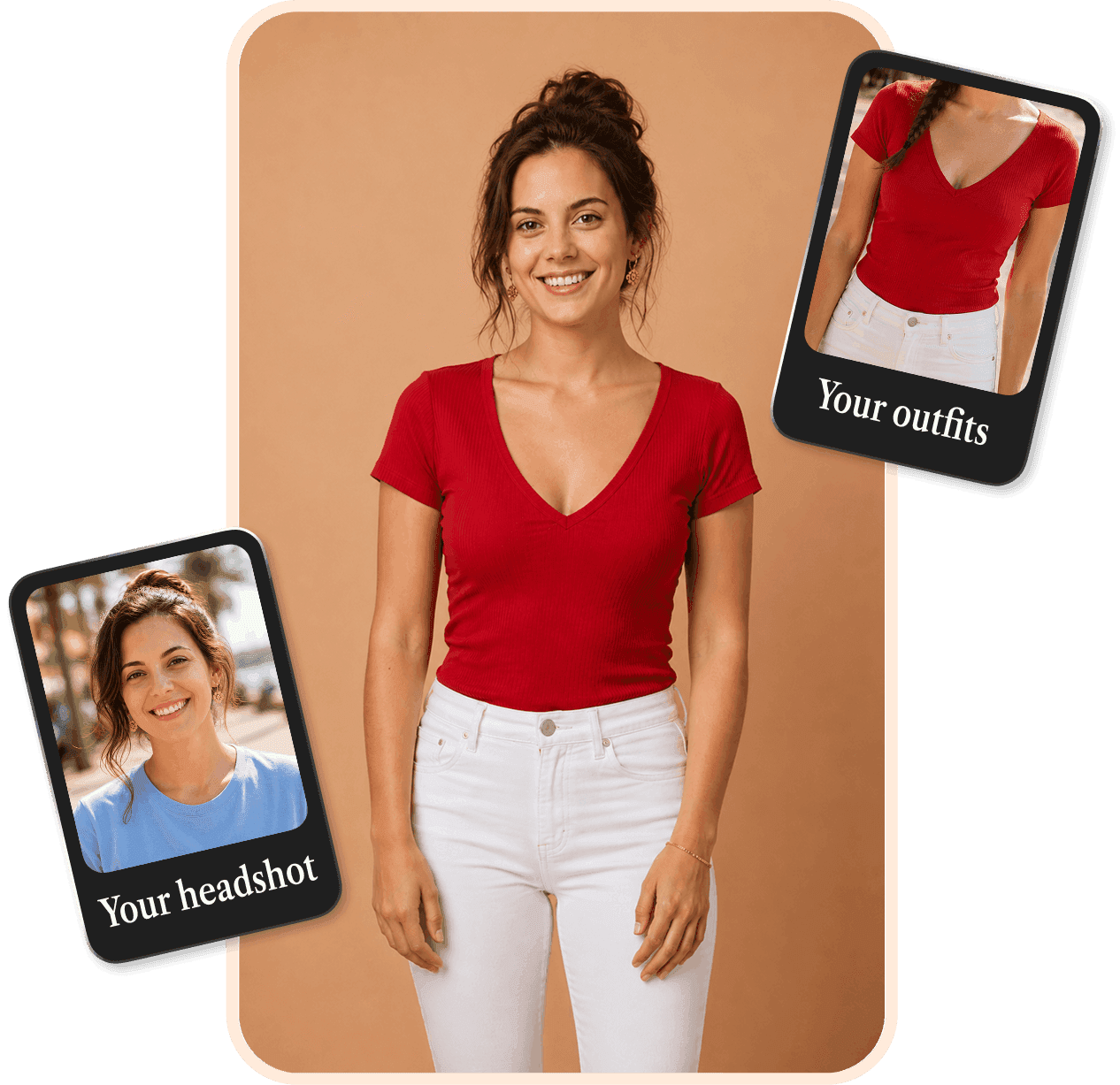 A photo of a woman with two smaller outfit cards tilted on either side, showing how the Reflection is built from your headshot and outfits.