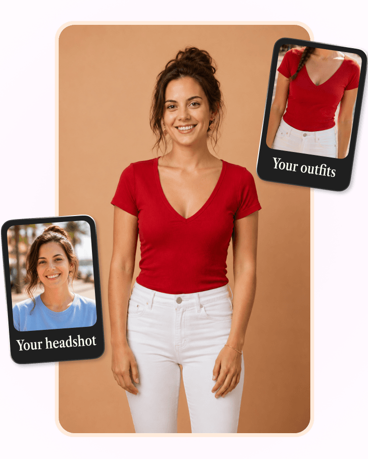 A photo of a woman with two smaller outfit cards tilted on either side, showing how the Reflection is built from your headshot and outfits.