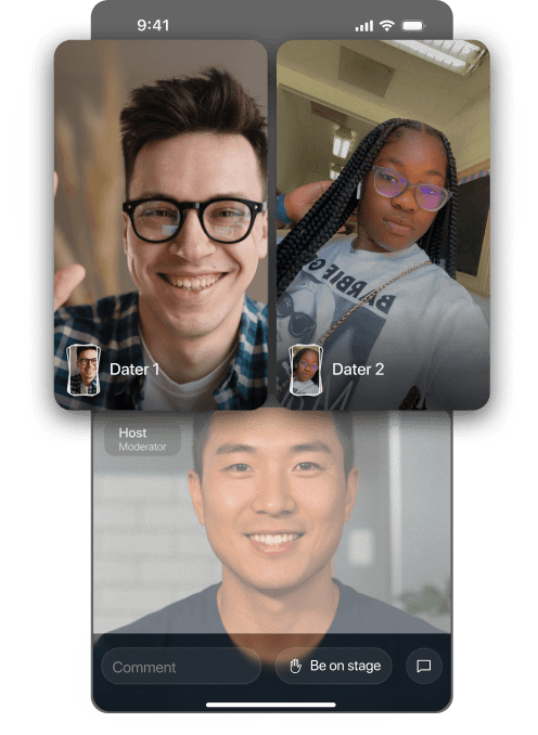 The Rivet Live stage in the app: two daters in video tiles above the host, with a Be on stage button below.