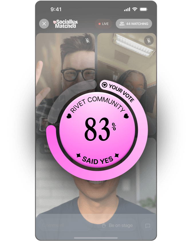 A dater's video tile with the Final Take result overlaid: a magenta dial reading 83 percent of the Rivet community said yes.