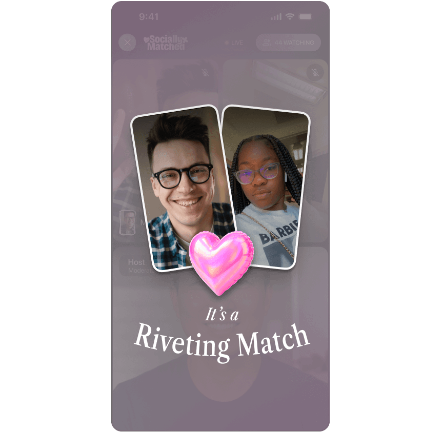 A Riveting Match card: the two daters side by side beneath a pink heart, captioned It's a Riveting Match.